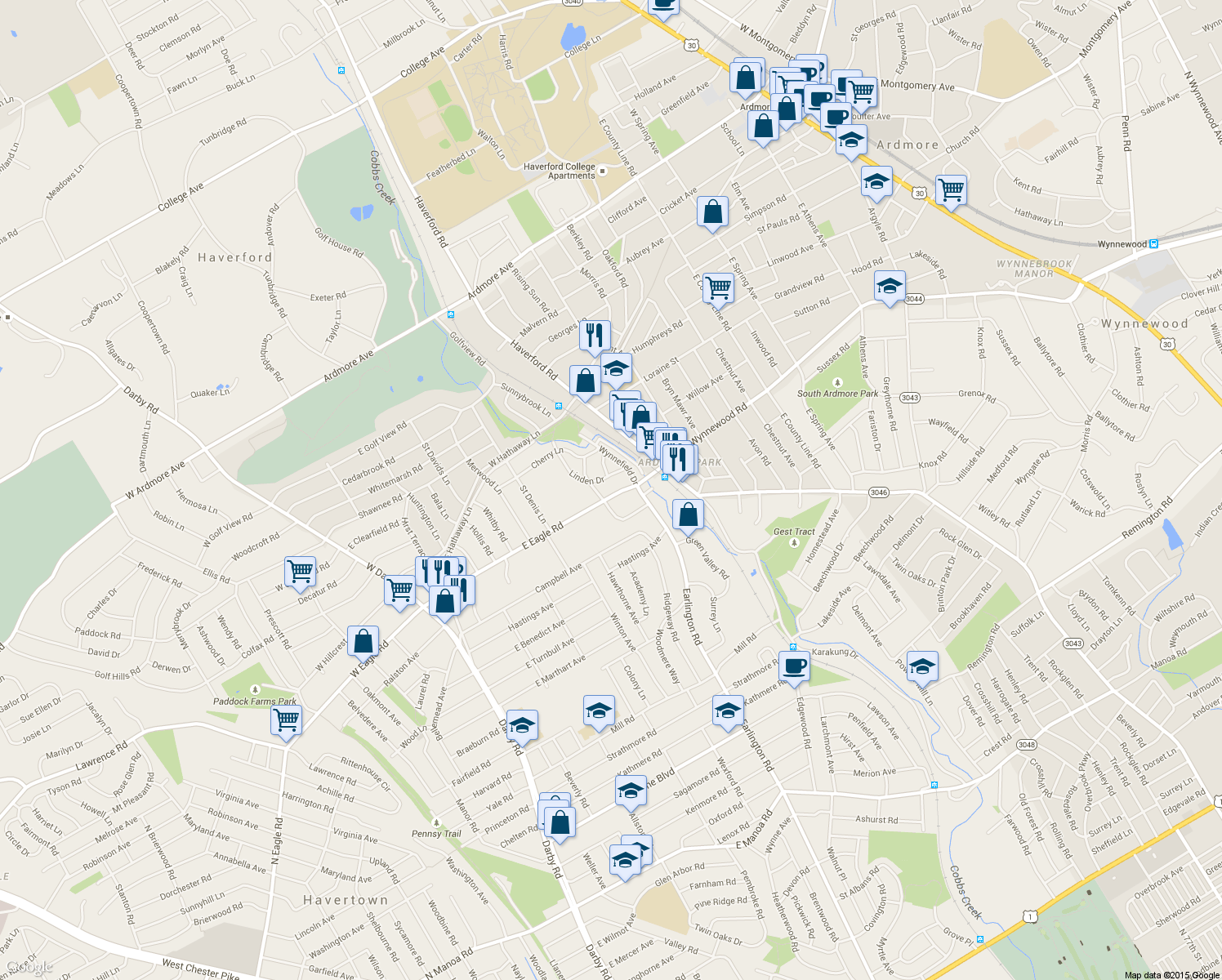 map of restaurants, bars, coffee shops, grocery stores, and more near 408 East Eagle Road in Havertown