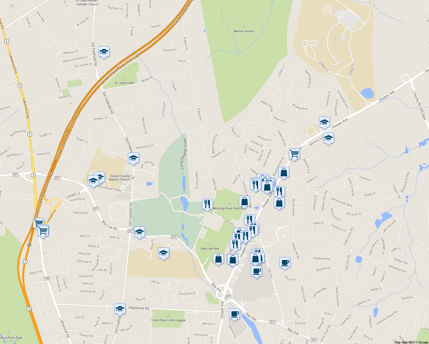 map of restaurants, bars, coffee shops, grocery stores, and more near 1573 North Bay Avenue in Toms River