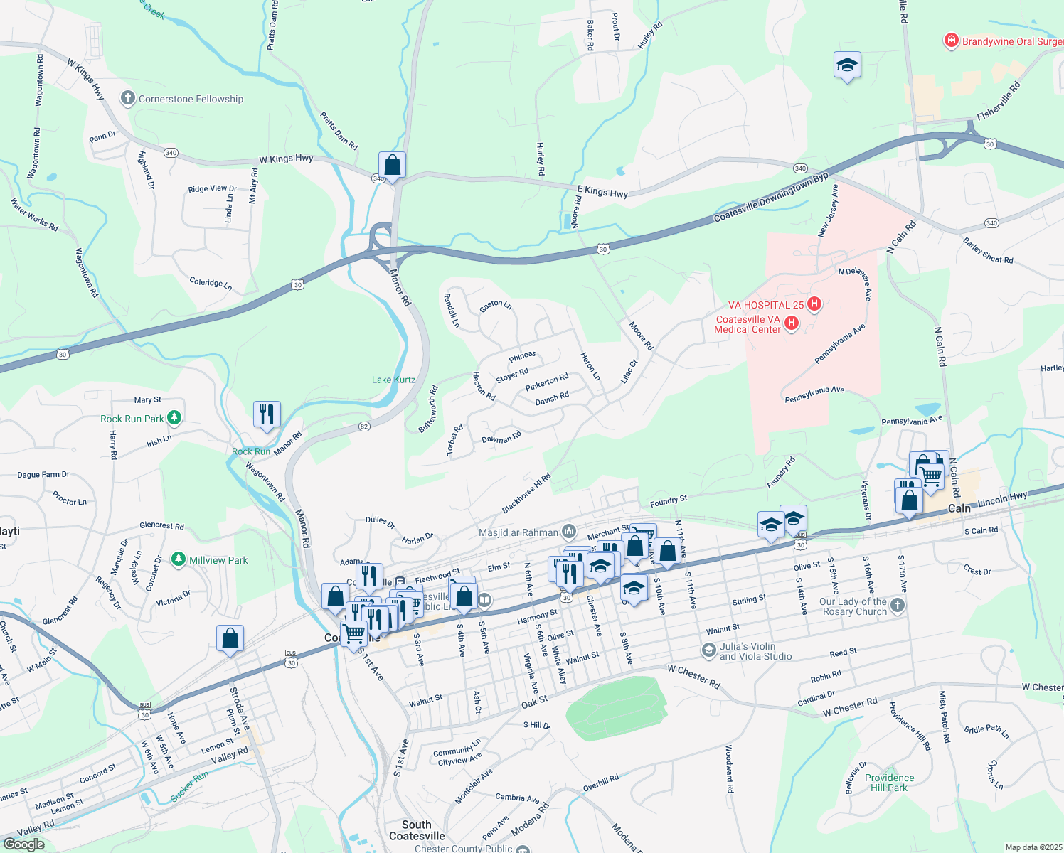 map of restaurants, bars, coffee shops, grocery stores, and more near 1001 Hulnick Road in Coatesville