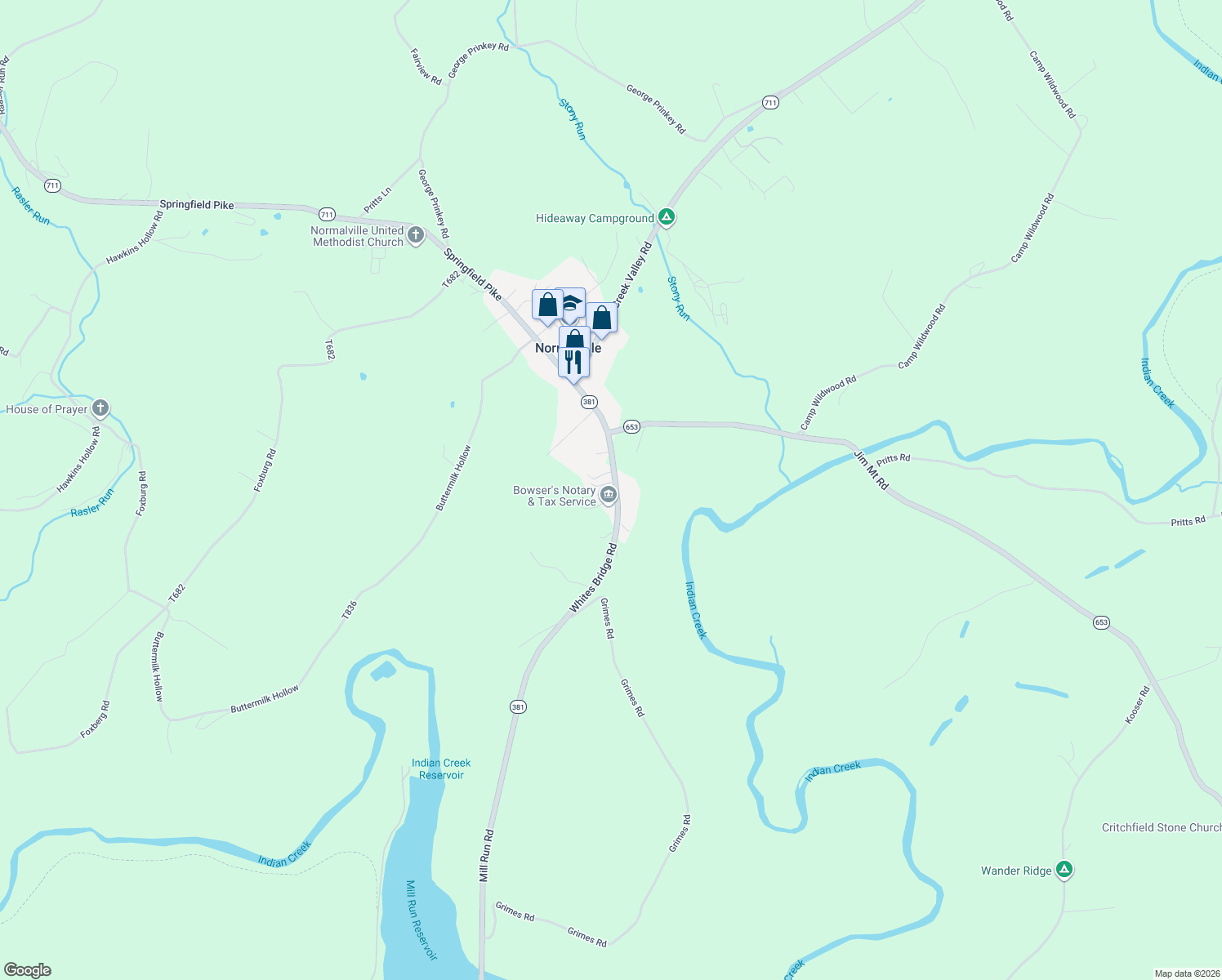 map of restaurants, bars, coffee shops, grocery stores, and more near 155 Mill Run Road in Normalville