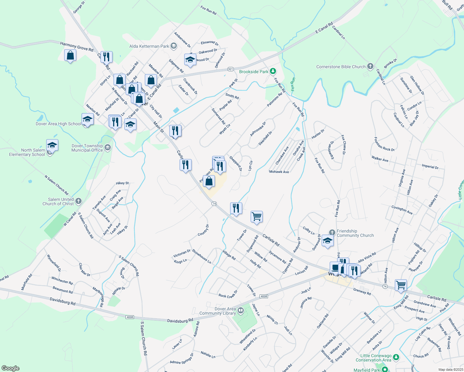map of restaurants, bars, coffee shops, grocery stores, and more near 3912 Sheppard Drive in Dover