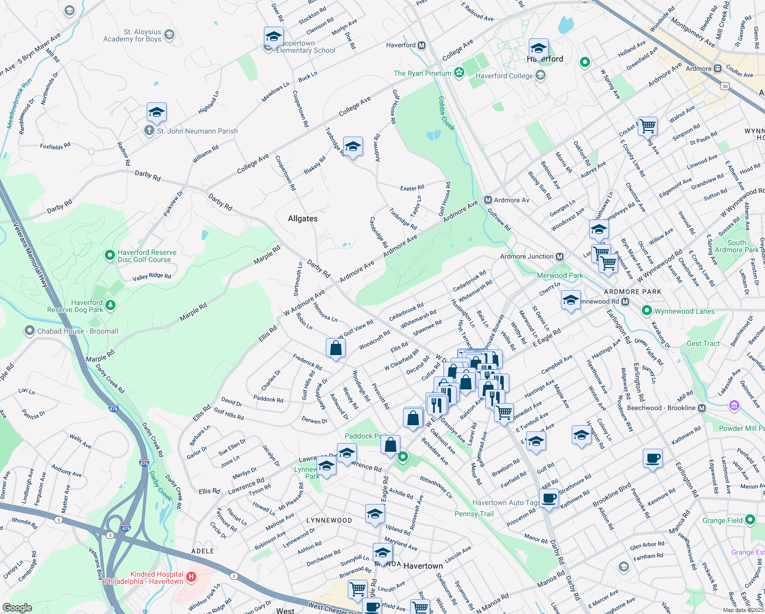 map of restaurants, bars, coffee shops, grocery stores, and more near 12 Golfview Road in Ardmore