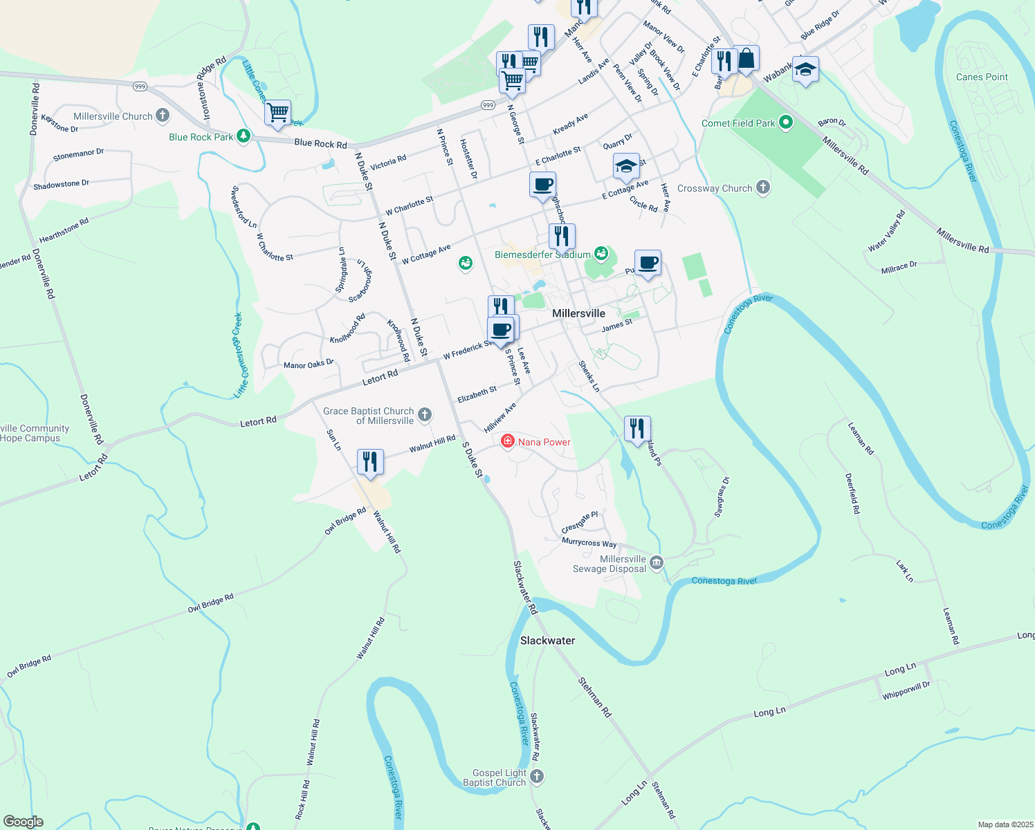 map of restaurants, bars, coffee shops, grocery stores, and more near 102 Hillview Avenue in Millersville