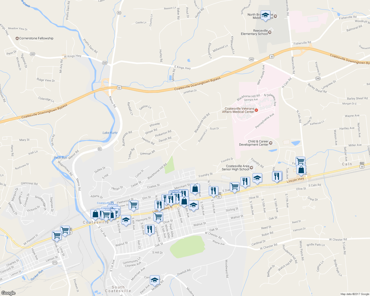 map of restaurants, bars, coffee shops, grocery stores, and more near 212 Kendig Lane in Coatesville