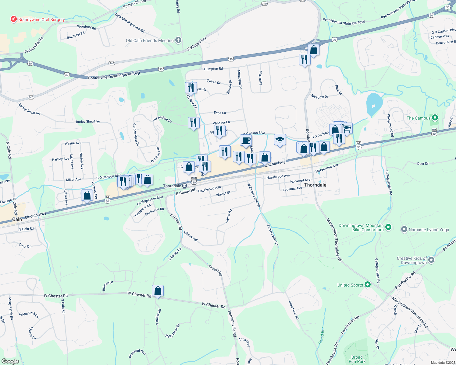map of restaurants, bars, coffee shops, grocery stores, and more near 3305 Hazelwood Avenue in Downingtown