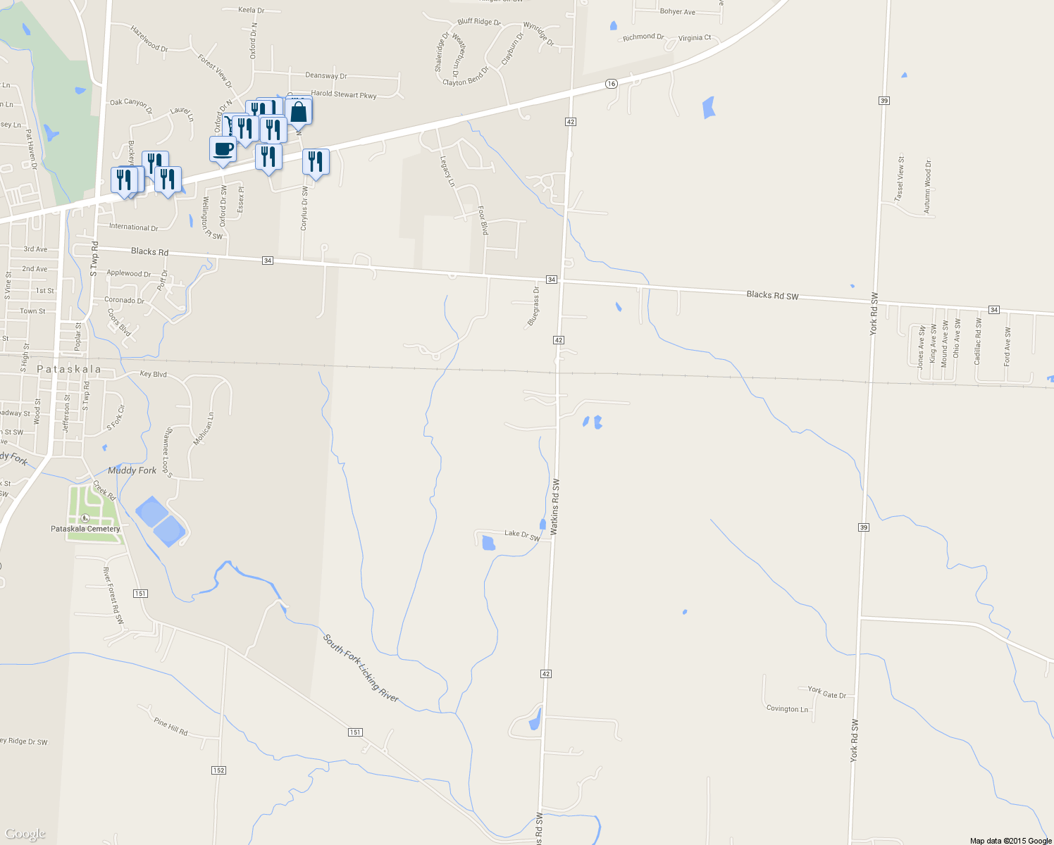 map of restaurants, bars, coffee shops, grocery stores, and more near 6690 Watkins Road Southwest in Pataskala