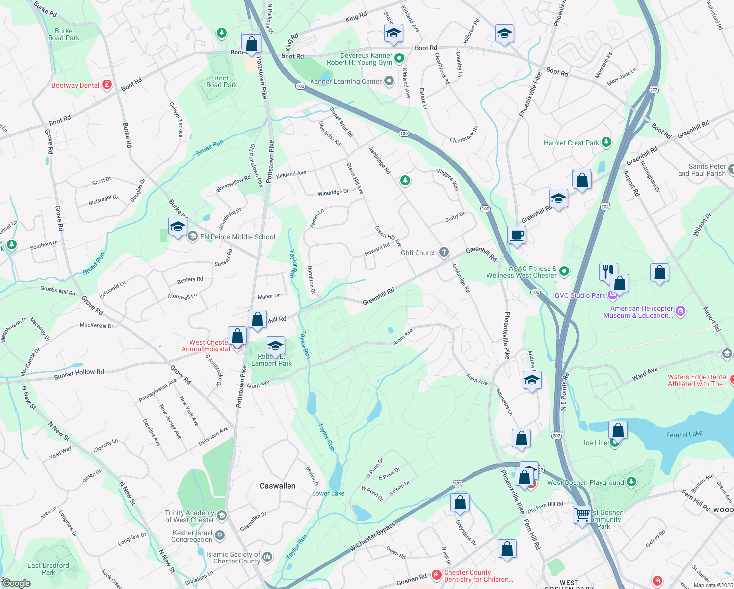 map of restaurants, bars, coffee shops, grocery stores, and more near 403 Greenhill Road in West Chester