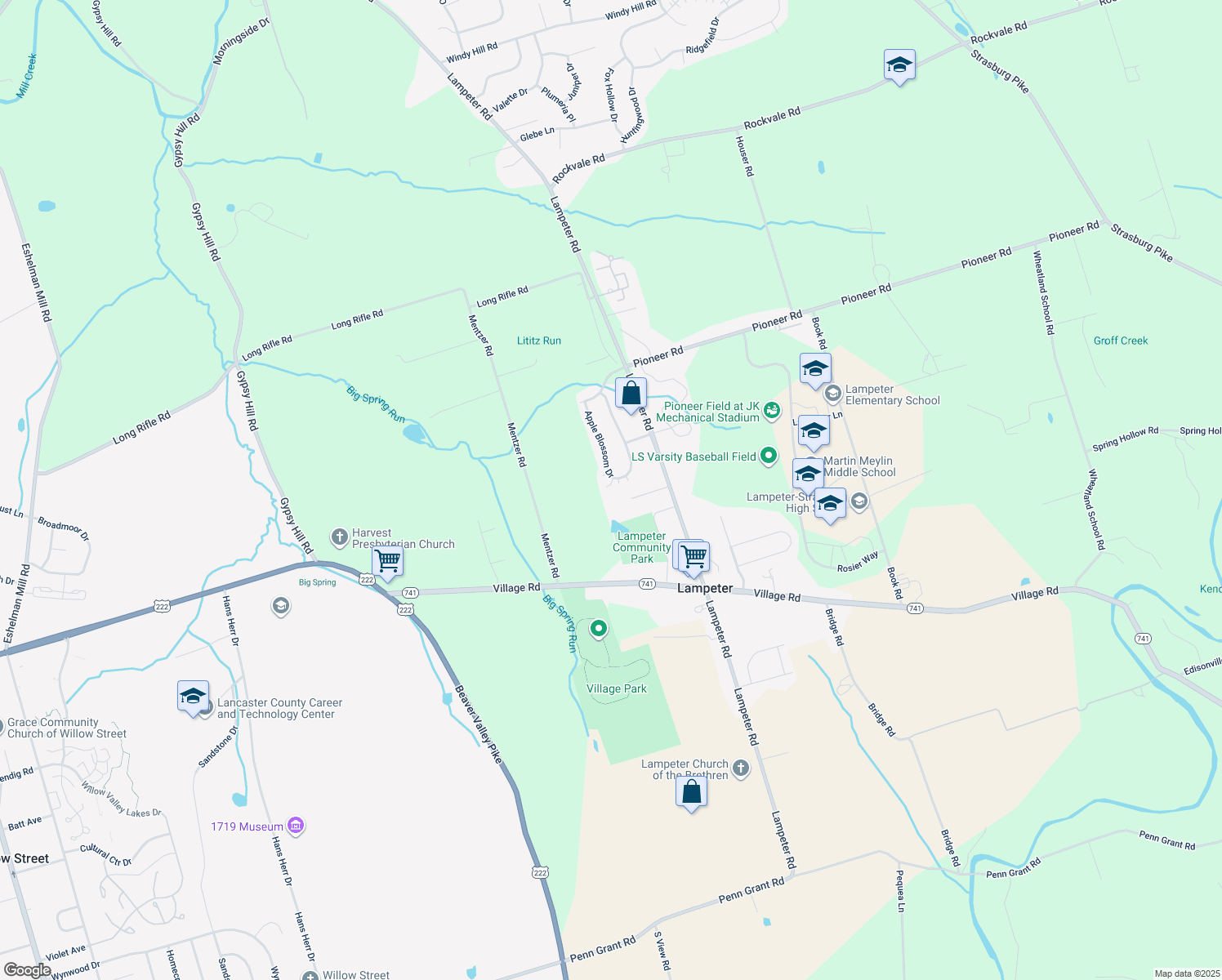map of restaurants, bars, coffee shops, grocery stores, and more near 51 Apple Blossom Drive in Lancaster