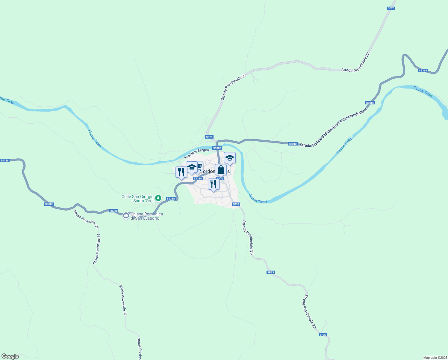 map of restaurants, bars, coffee shops, grocery stores, and more near 3 Via Cesare Battisti in Fordongianus