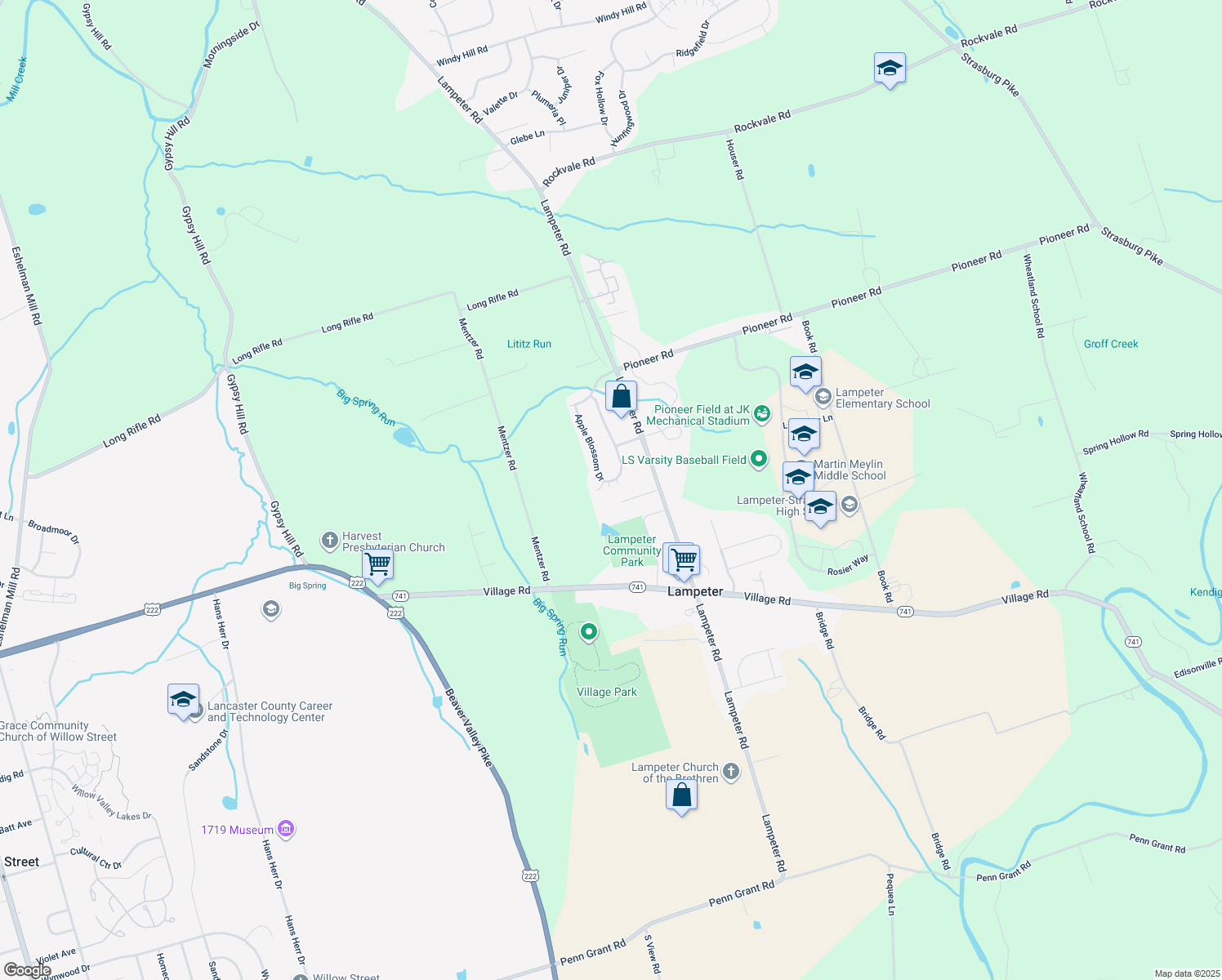 map of restaurants, bars, coffee shops, grocery stores, and more near 45 Apple Blossom Drive in Lancaster