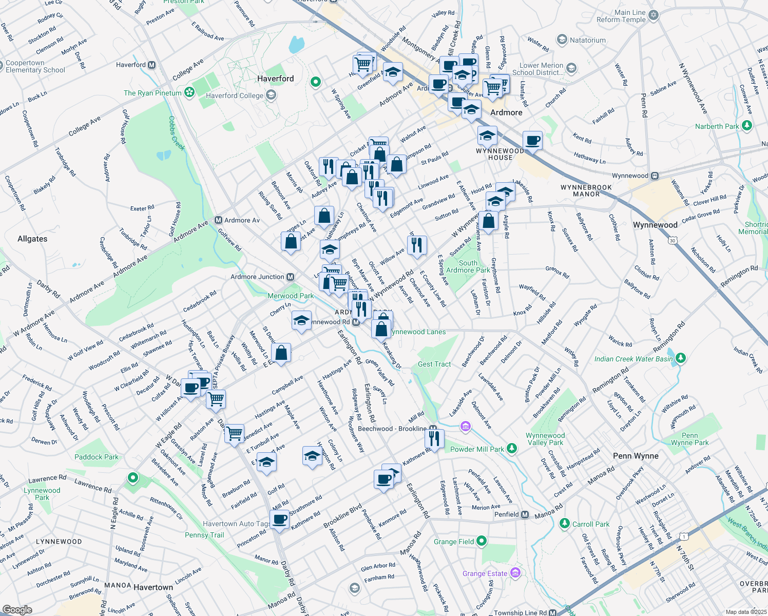 map of restaurants, bars, coffee shops, grocery stores, and more near 2304 Bryn Mawr Avenue in Ardmore