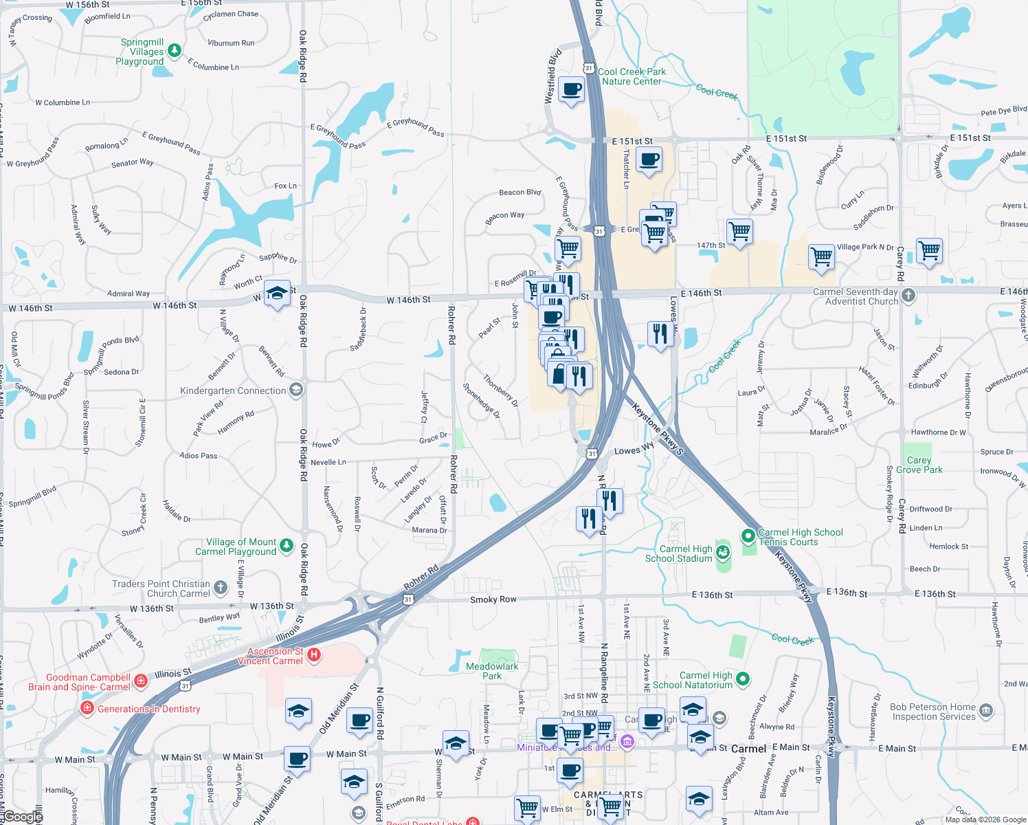 map of restaurants, bars, coffee shops, grocery stores, and more near 426 Thornberry Drive in Carmel
