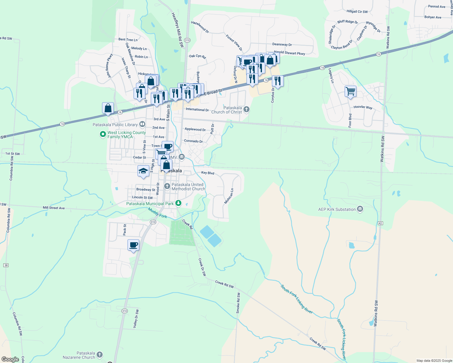 map of restaurants, bars, coffee shops, grocery stores, and more near 253 Key Blvd in Pataskala
