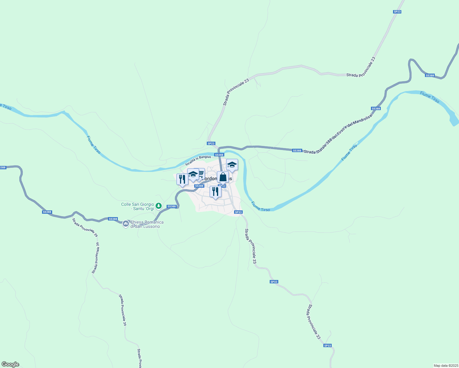 map of restaurants, bars, coffee shops, grocery stores, and more near 3 Via Cesare Battisti in Fordongianus