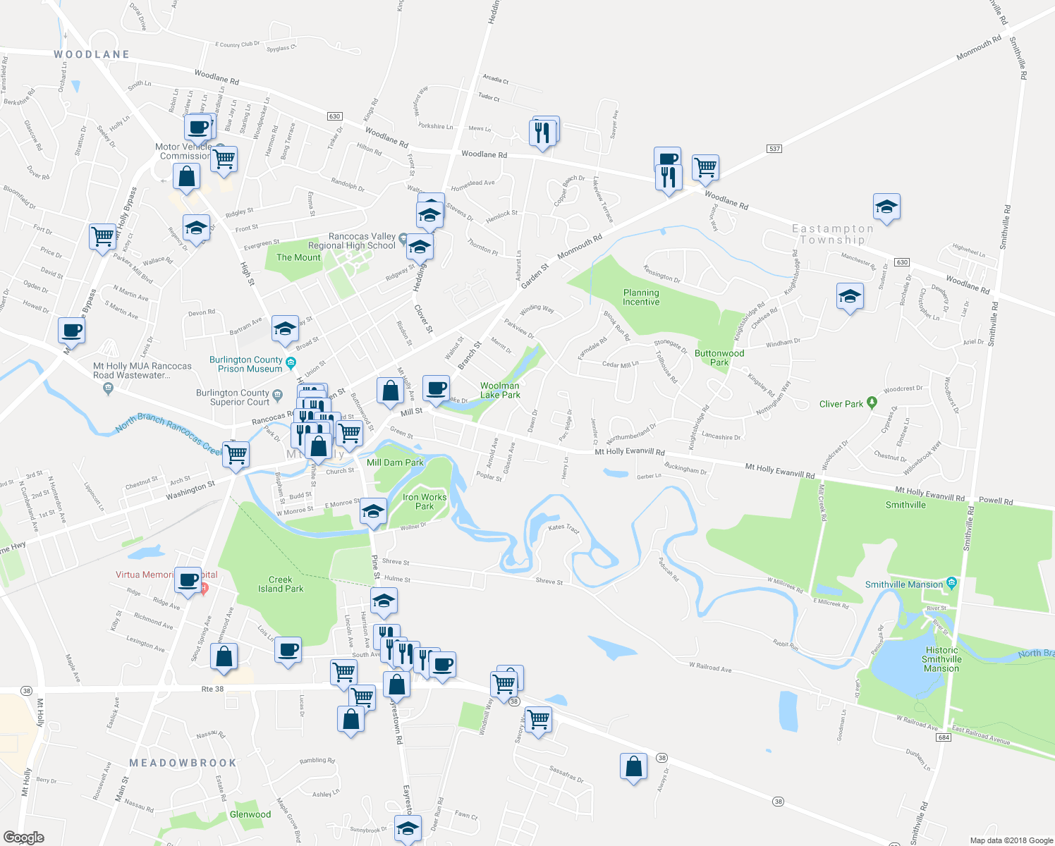 map of restaurants, bars, coffee shops, grocery stores, and more near 64 Dawn Drive in Mount Holly