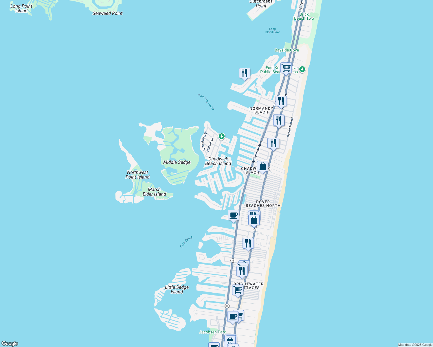 map of restaurants, bars, coffee shops, grocery stores, and more near 372 Fort Meyers Court in Lavallette