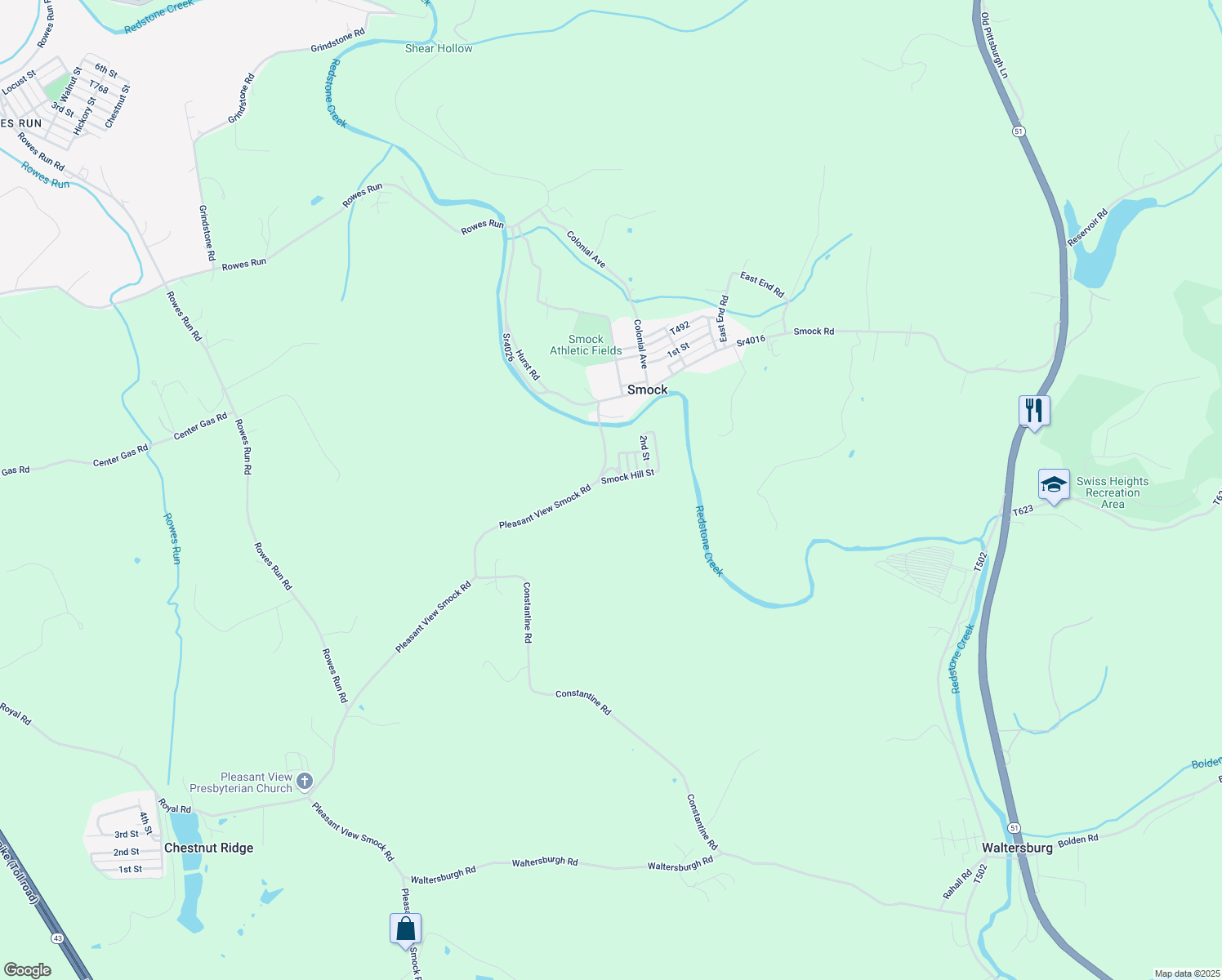 map of restaurants, bars, coffee shops, grocery stores, and more near 104 Smock Hill Street in Smock