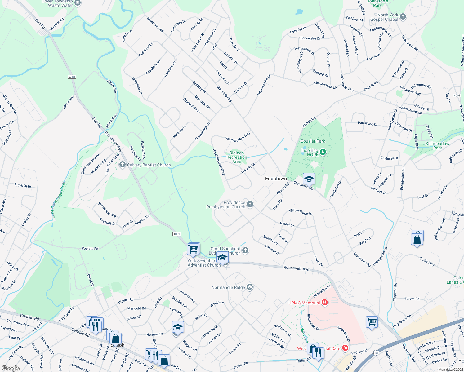 map of restaurants, bars, coffee shops, grocery stores, and more near 1430 Hambiltonian Way in York