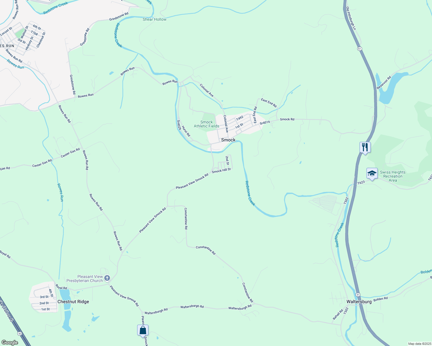 map of restaurants, bars, coffee shops, grocery stores, and more near 104 Smock Hill Street in Smock