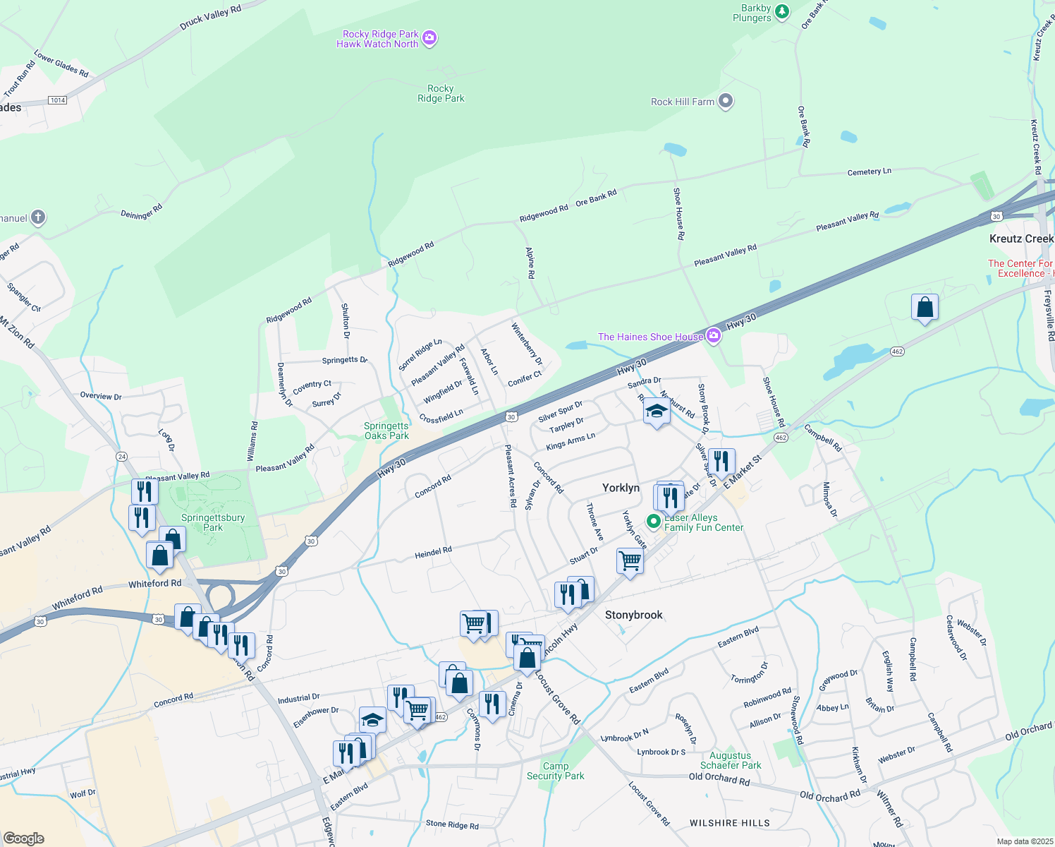 map of restaurants, bars, coffee shops, grocery stores, and more near 3813 Silver Spur Drive in York