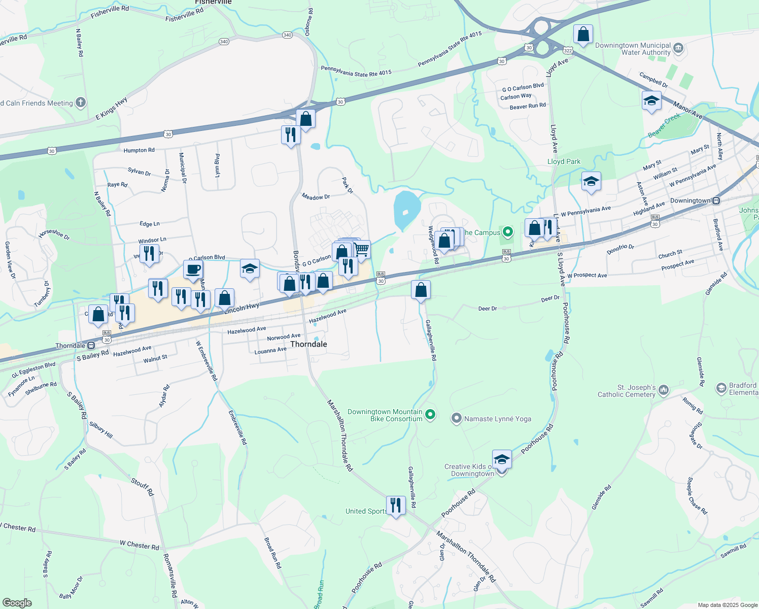 map of restaurants, bars, coffee shops, grocery stores, and more near 4202 Hazelwood Avenue in Downingtown
