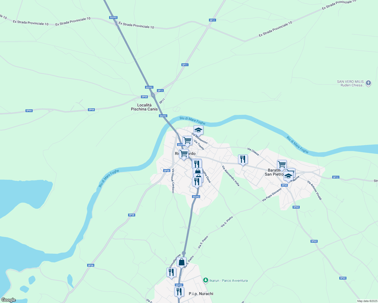 map of restaurants, bars, coffee shops, grocery stores, and more near Strada Provinciale 12 in Riola Sardo