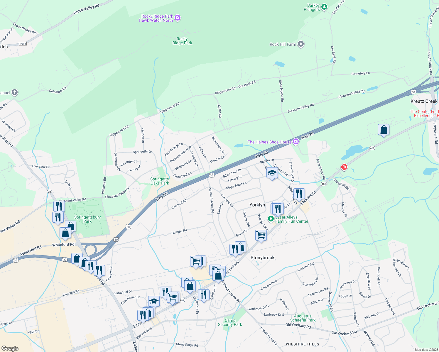 map of restaurants, bars, coffee shops, grocery stores, and more near 3815 Silver Spur Drive in York
