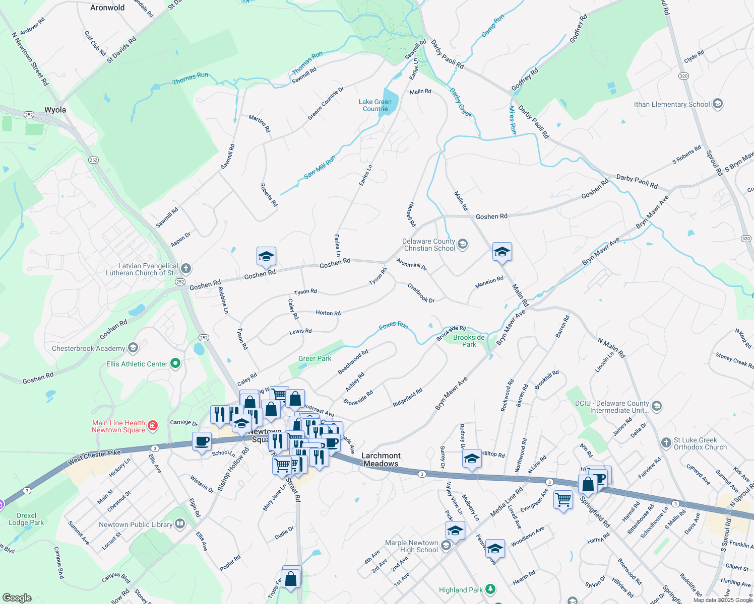 map of restaurants, bars, coffee shops, grocery stores, and more near 3412 Horton Rd in Newtown Square