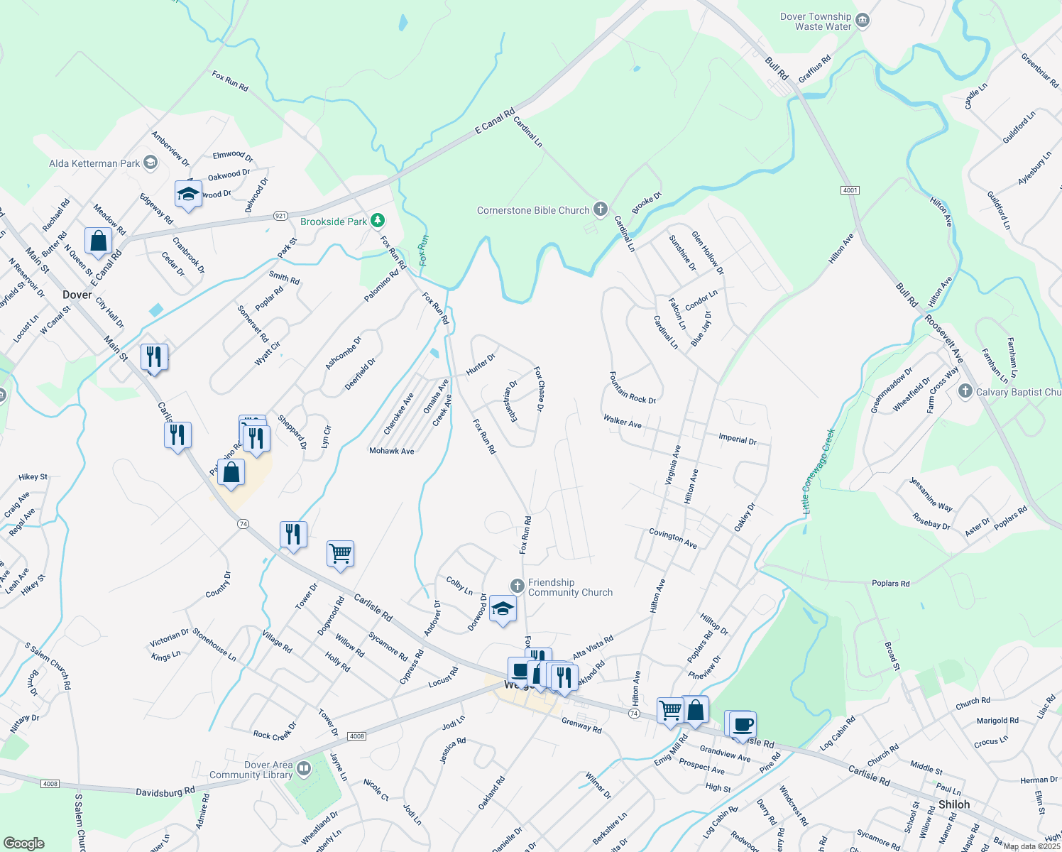 map of restaurants, bars, coffee shops, grocery stores, and more near 3670 Fox Chase Drive in Dover