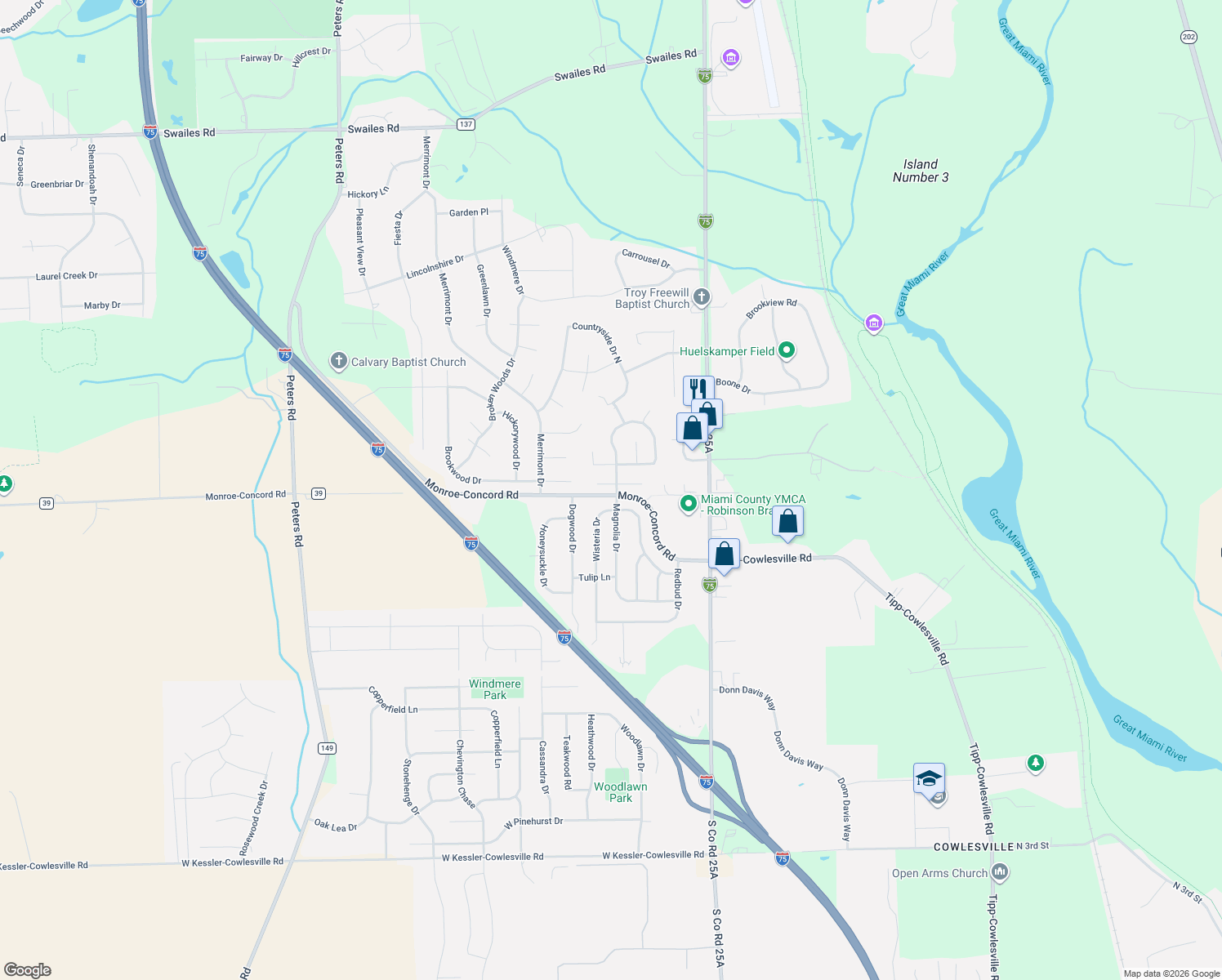map of restaurants, bars, coffee shops, grocery stores, and more near 270 Green Oak Drive in Troy