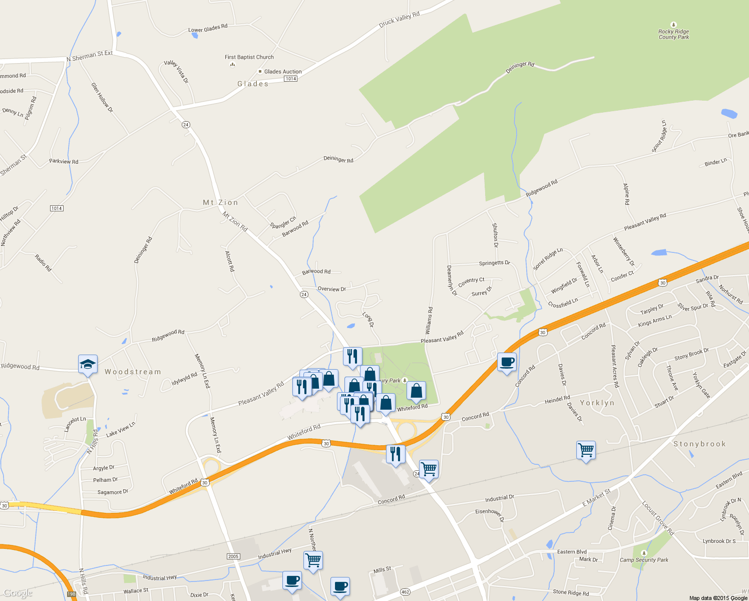map of restaurants, bars, coffee shops, grocery stores, and more near 145 Carriage Hill Lane in York