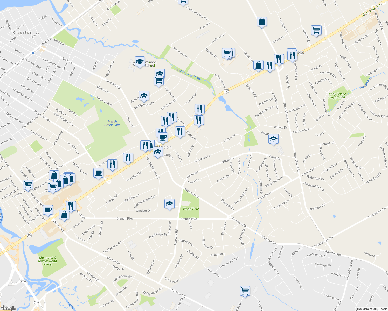 map of restaurants, bars, coffee shops, grocery stores, and more near 2161 Chestnut Place in Cinnaminson