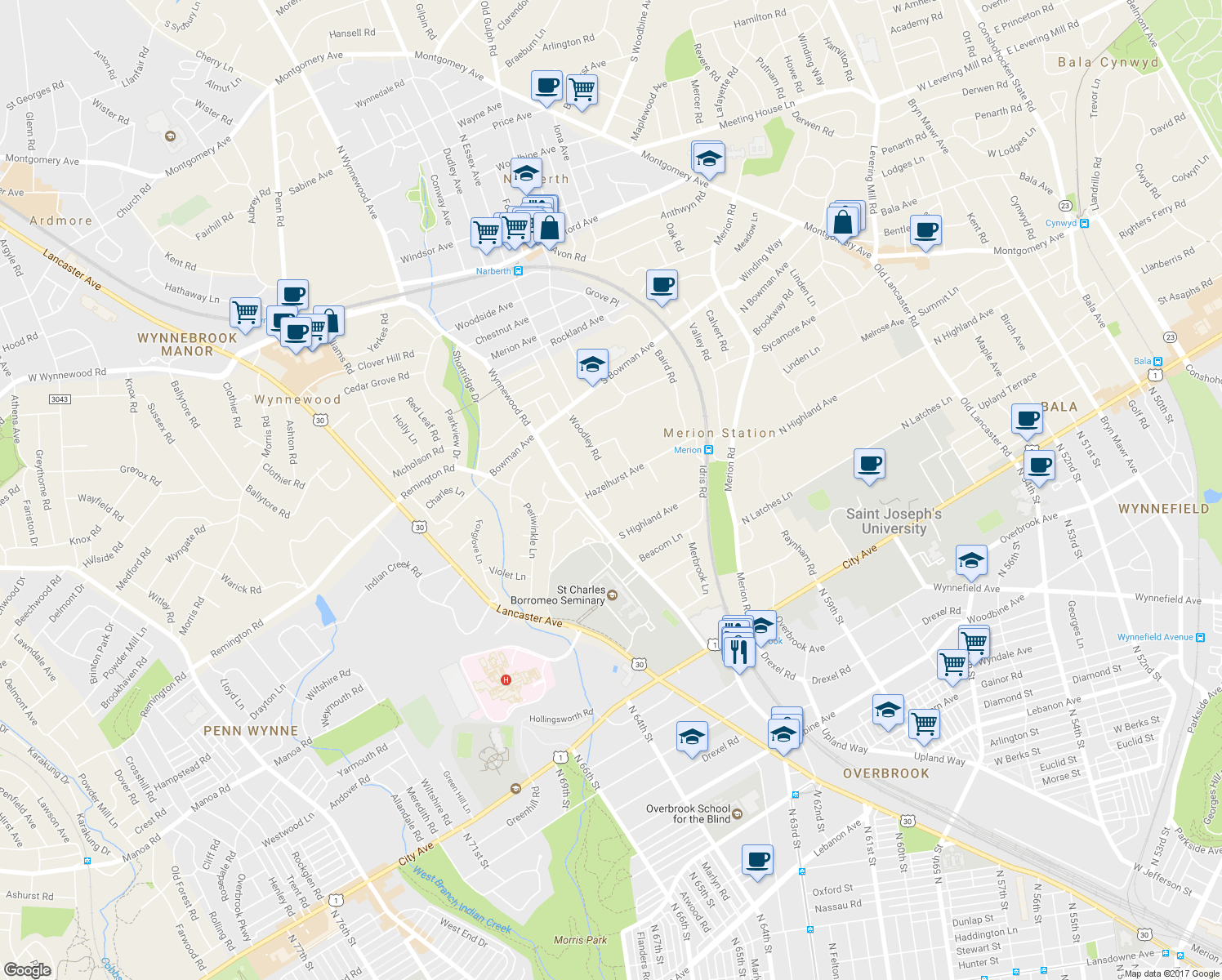 map of restaurants, bars, coffee shops, grocery stores, and more near 706 Hazelhurst Avenue in Merion Station