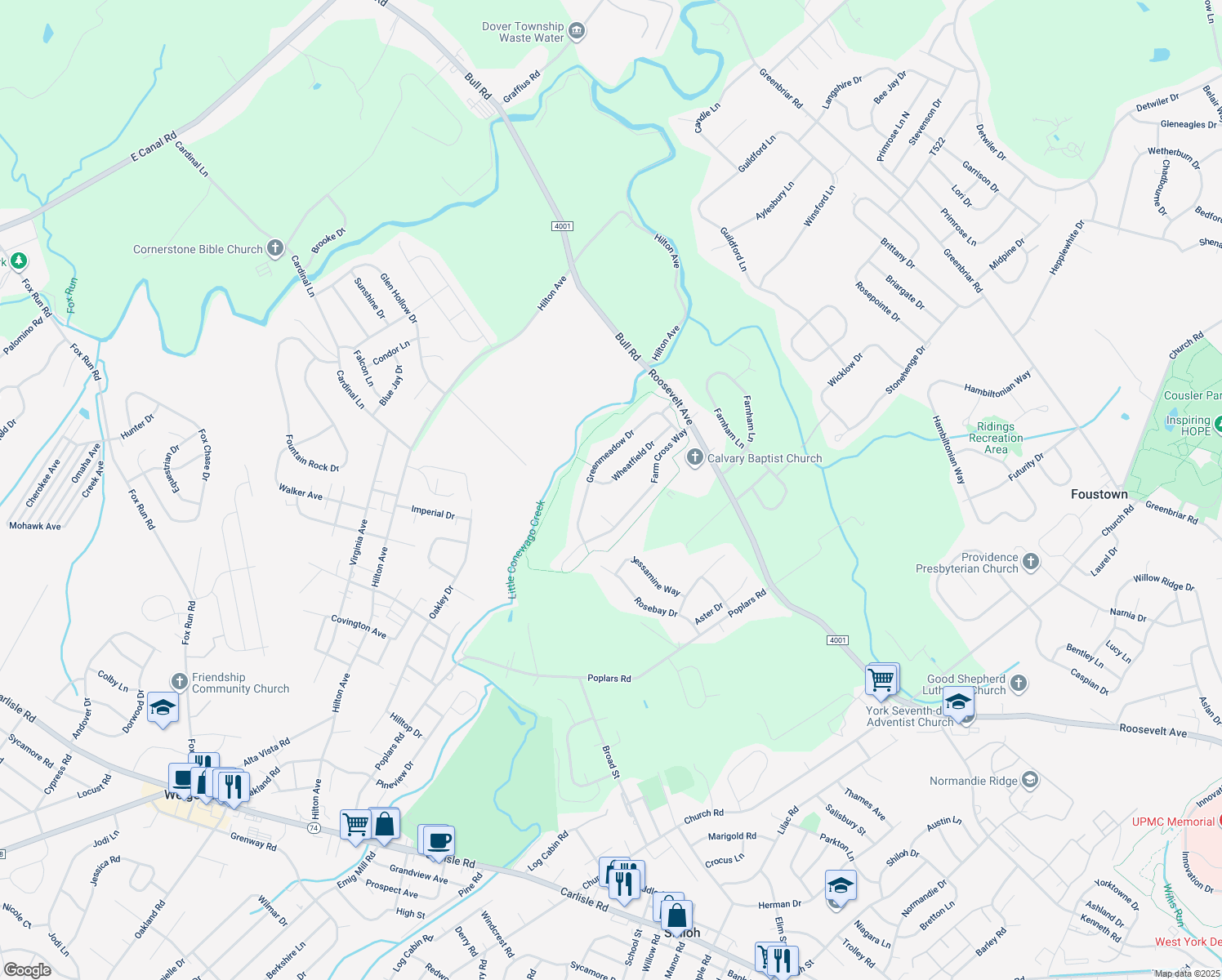 map of restaurants, bars, coffee shops, grocery stores, and more near 1460 Wheatfield Dr in York