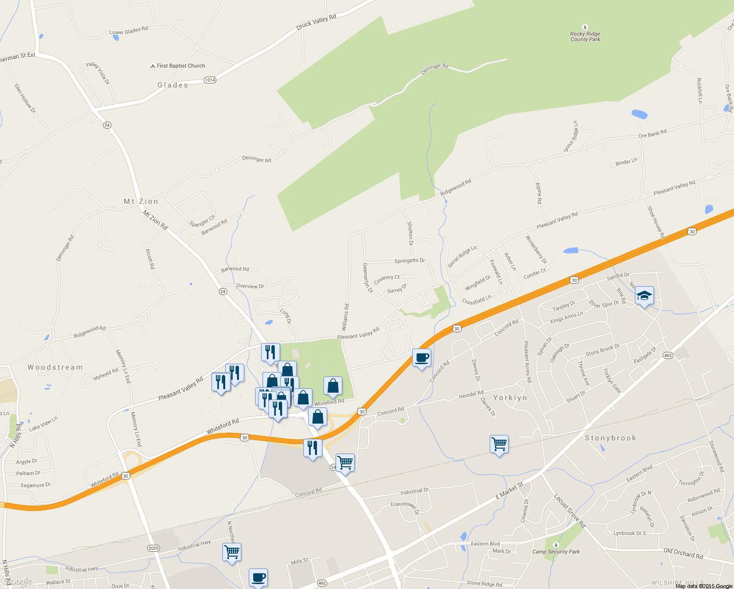 map of restaurants, bars, coffee shops, grocery stores, and more near 1780 Deamerlyn Drive in York