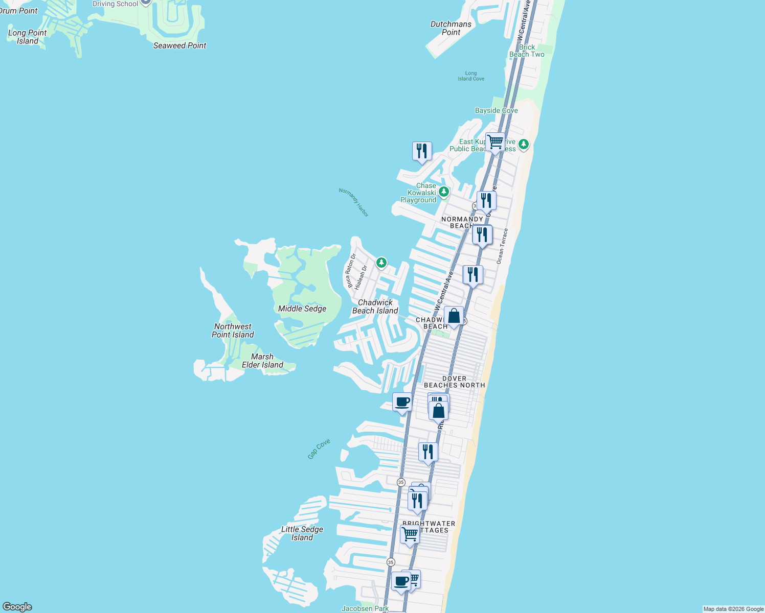 map of restaurants, bars, coffee shops, grocery stores, and more near 400 Ocala Court in Lavallette
