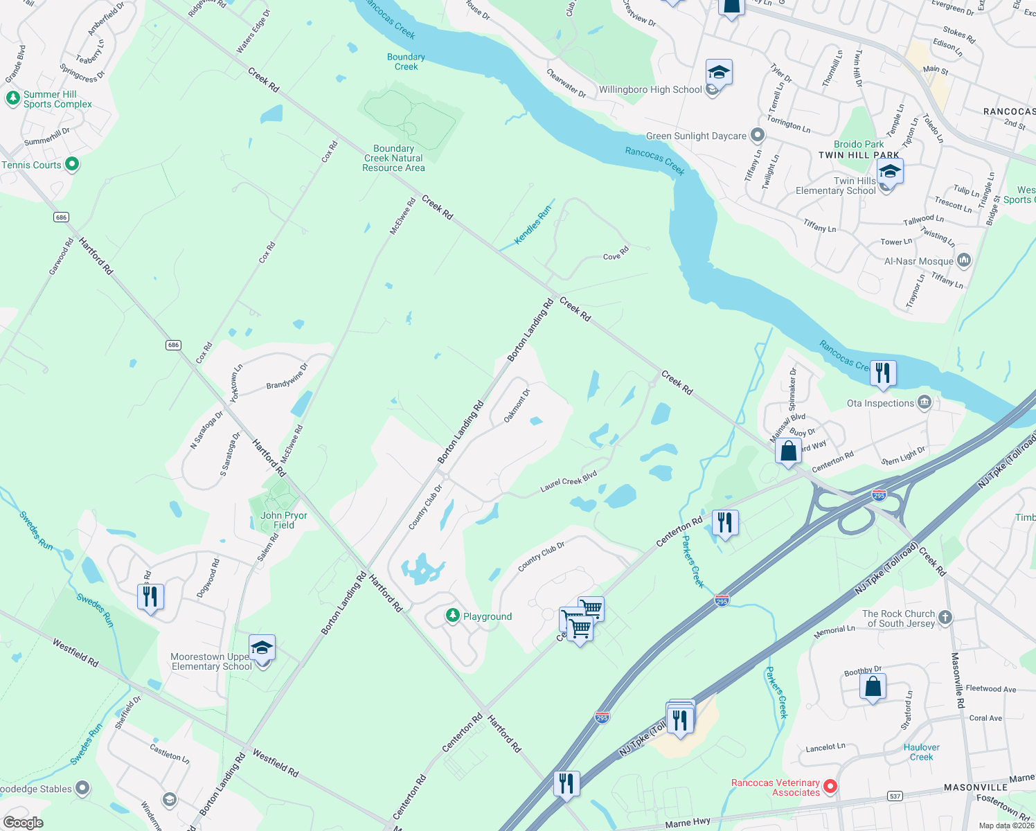 map of restaurants, bars, coffee shops, grocery stores, and more near 126 Oakmont Dr in Moorestown