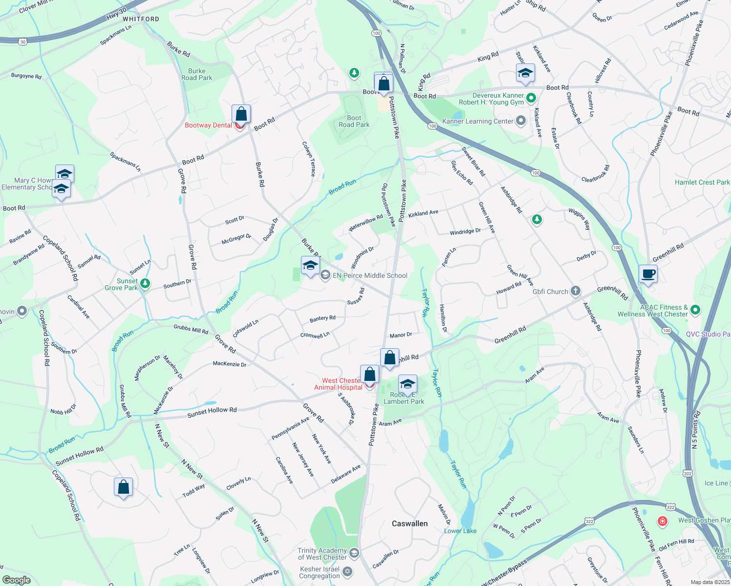 map of restaurants, bars, coffee shops, grocery stores, and more near 107 Sussex Road in West Chester