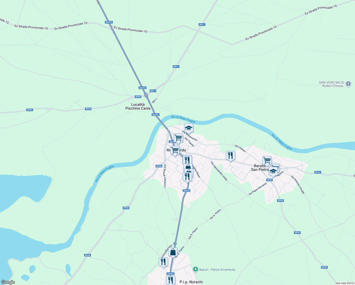 map of restaurants, bars, coffee shops, grocery stores, and more near SP12 in Riola Sardo