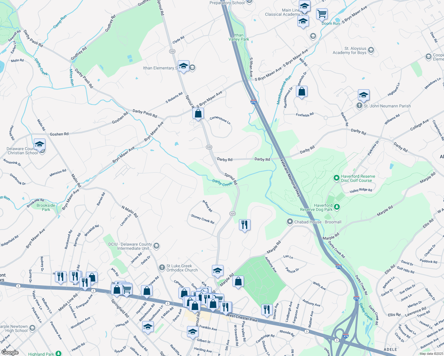 map of restaurants, bars, coffee shops, grocery stores, and more near 1040 Sproul Road in Bryn Mawr