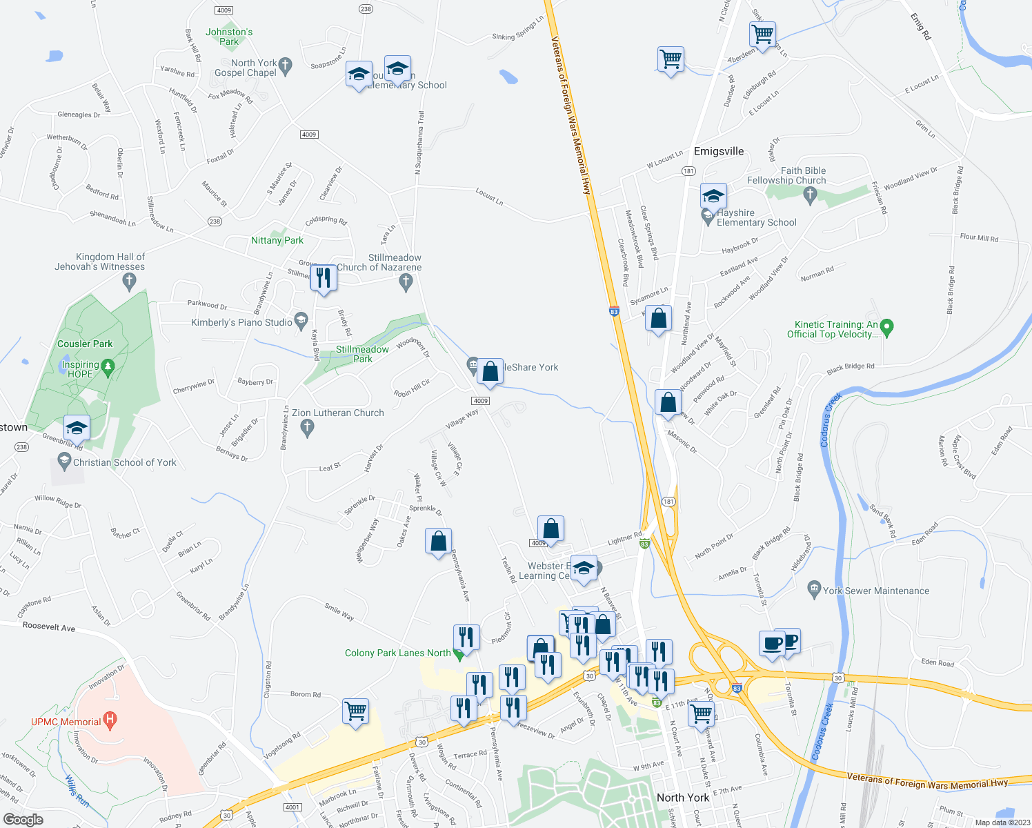 map of restaurants, bars, coffee shops, grocery stores, and more near 63 Lexton Drive in York