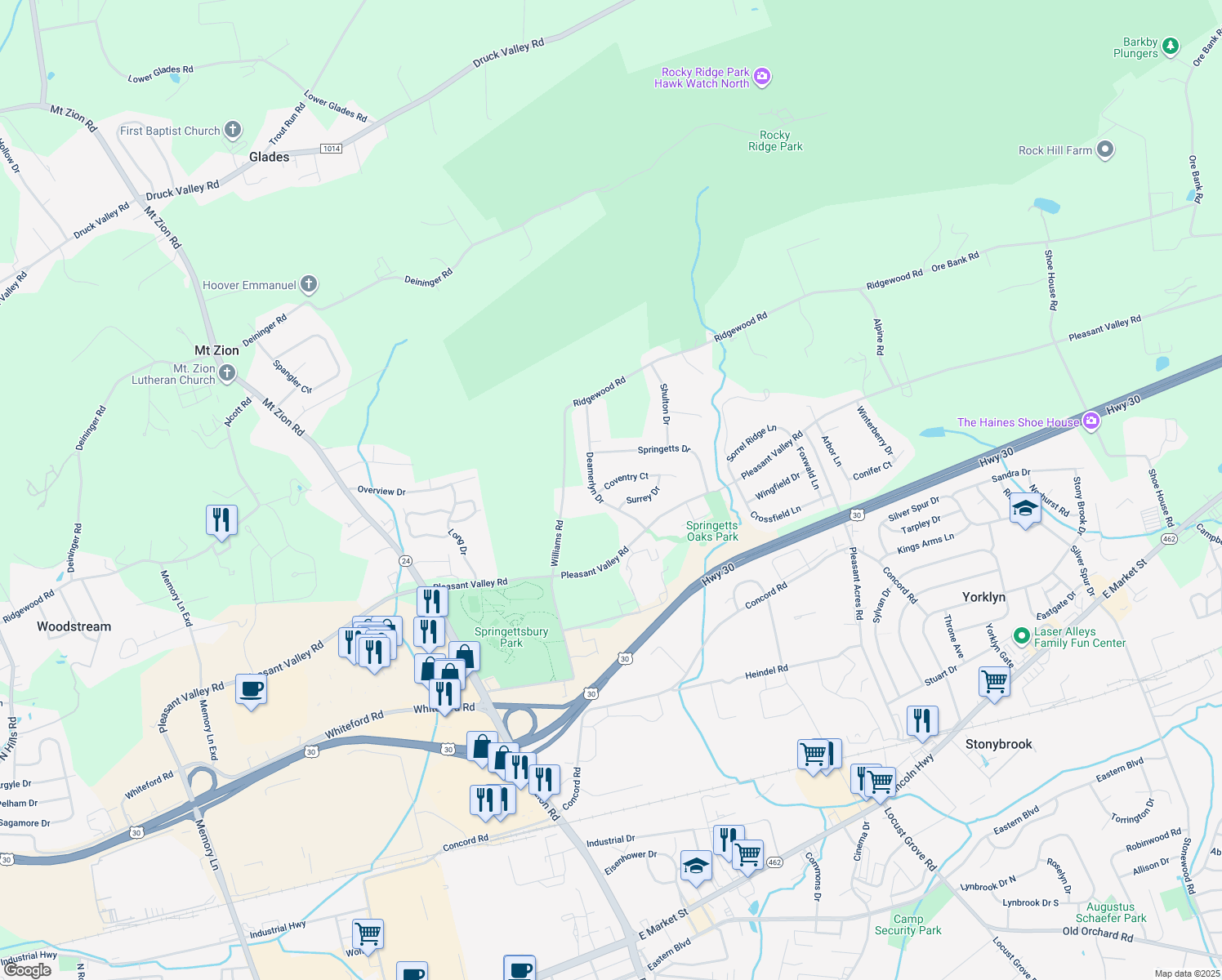 map of restaurants, bars, coffee shops, grocery stores, and more near 3606 Coventry Court in York