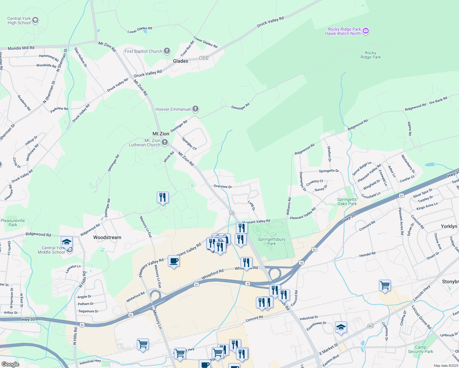 map of restaurants, bars, coffee shops, grocery stores, and more near 3333 Overview Drive in York