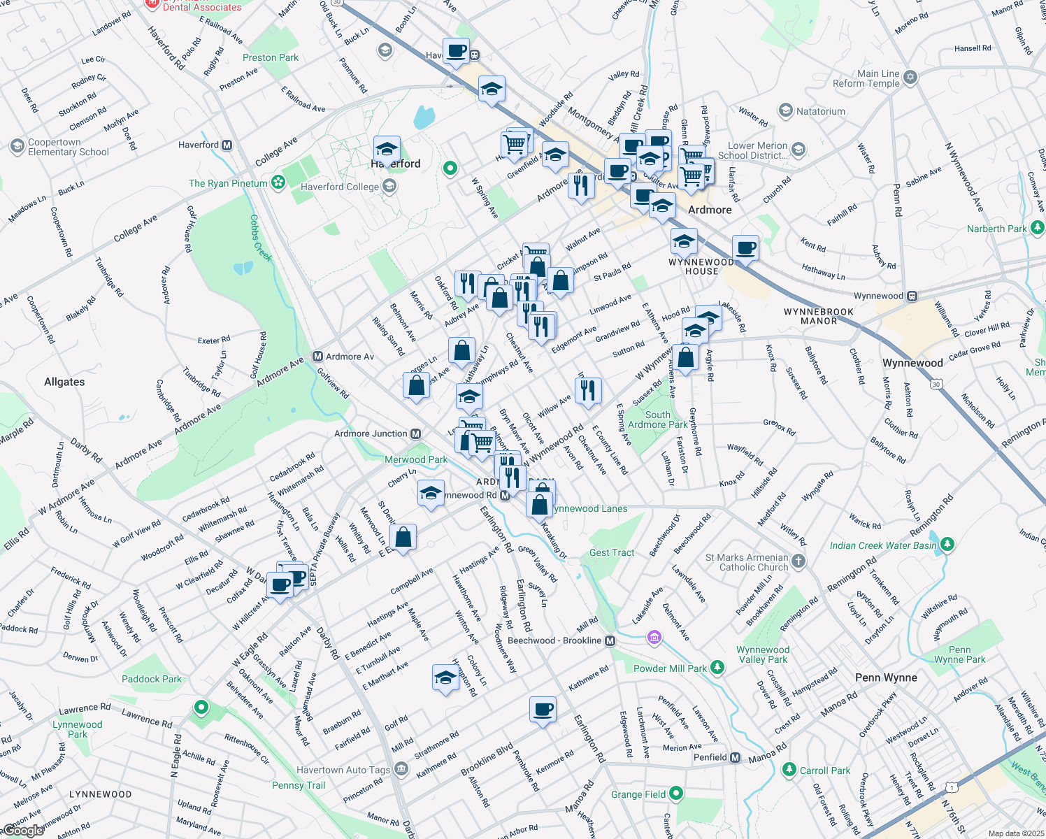 map of restaurants, bars, coffee shops, grocery stores, and more near 2506 Olcott Avenue in Ardmore
