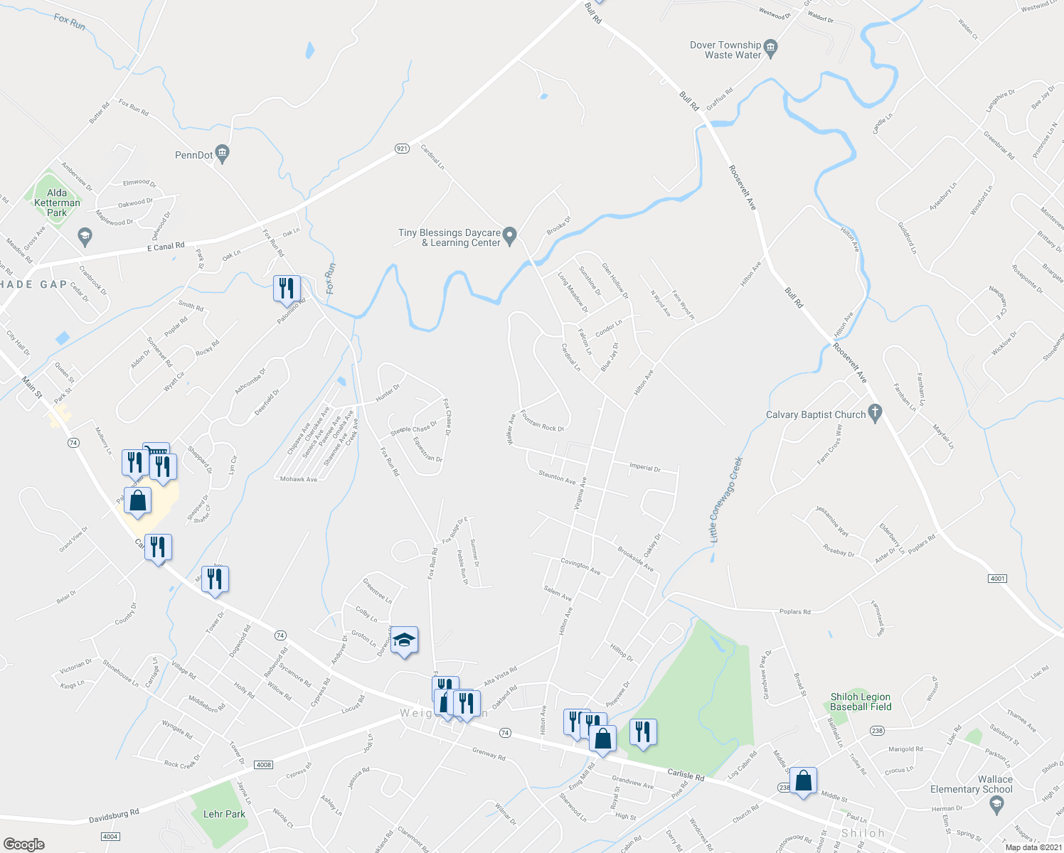 map of restaurants, bars, coffee shops, grocery stores, and more near 1706 Fountain Rock Drive in Dover