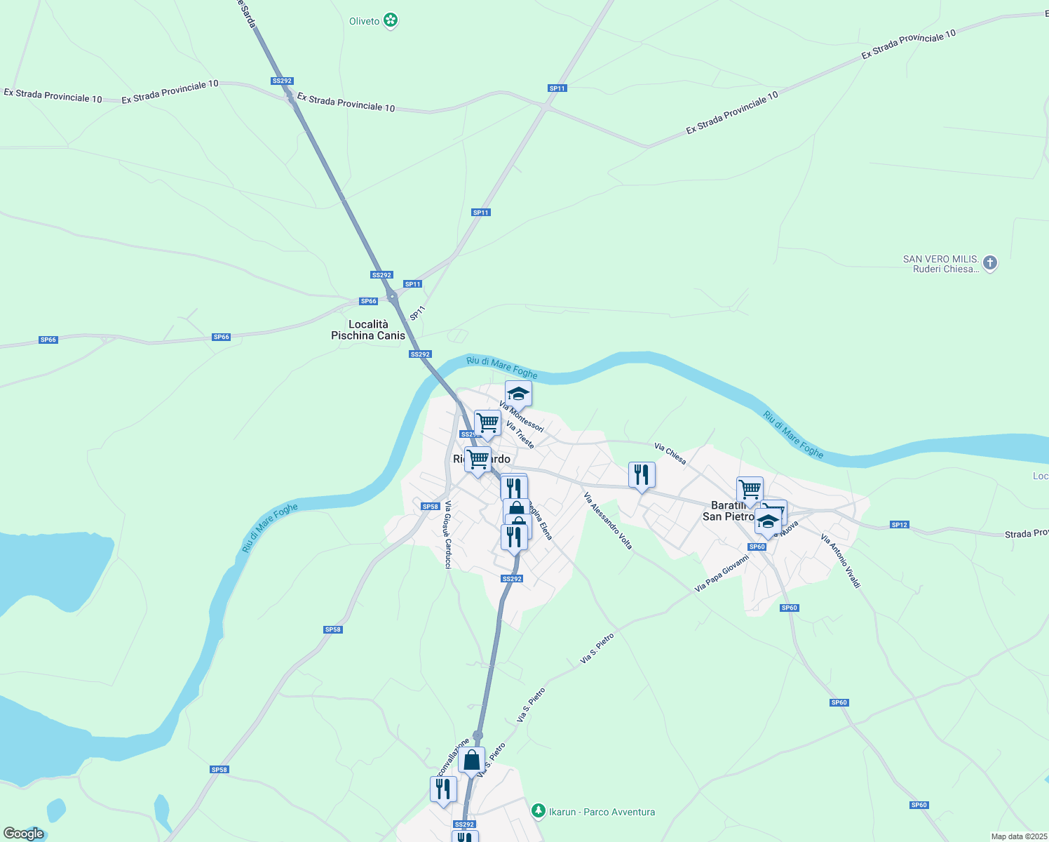 map of restaurants, bars, coffee shops, grocery stores, and more near 6-12 Via Montessori in Riola Sardo