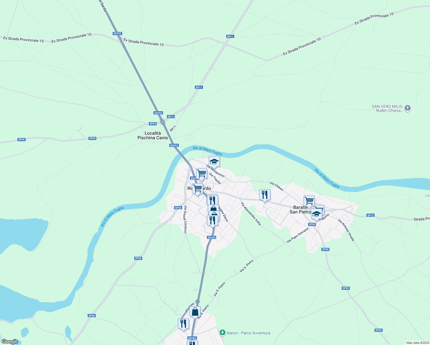 map of restaurants, bars, coffee shops, grocery stores, and more near 6-12 Via Montessori in Riola Sardo