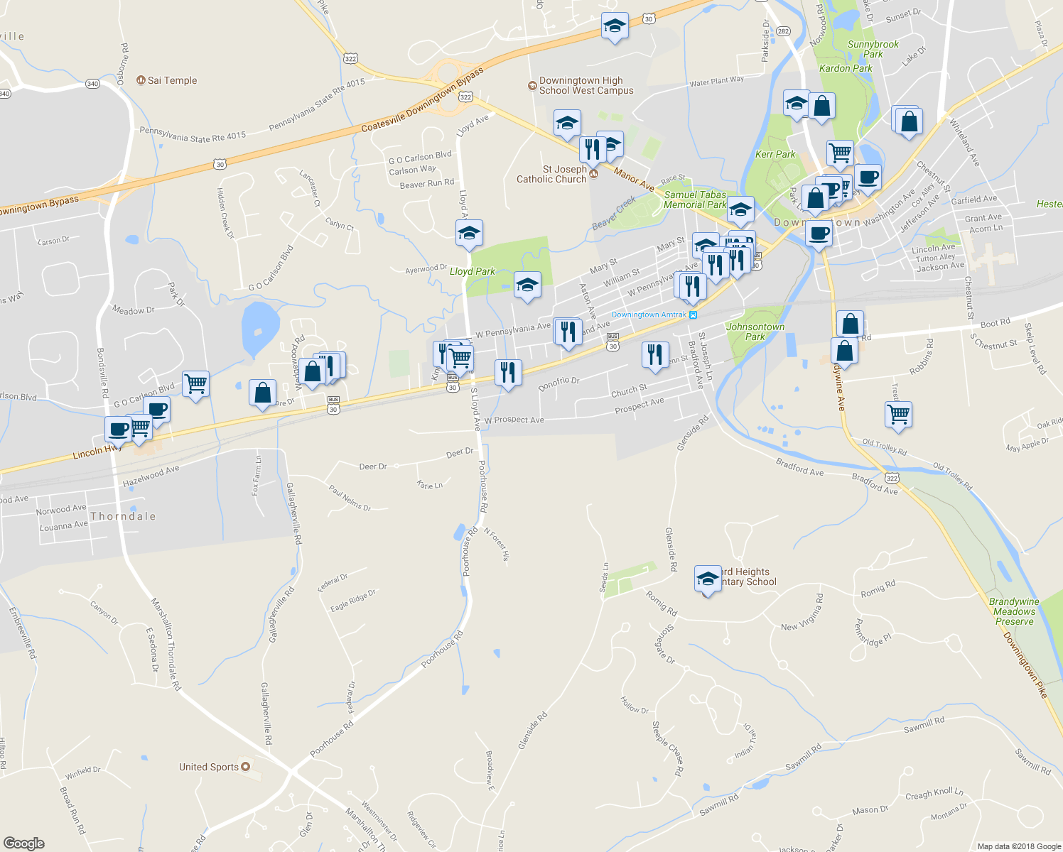 map of restaurants, bars, coffee shops, grocery stores, and more near 462 West Prospect Avenue in Downingtown