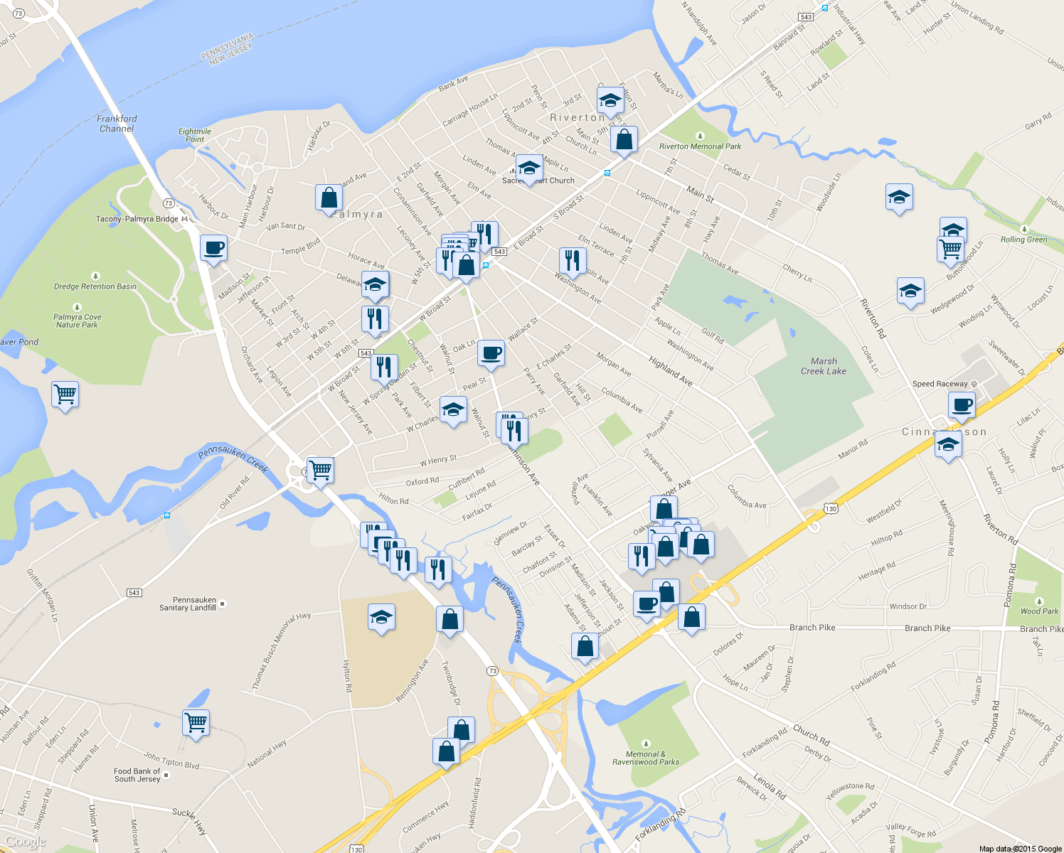 map of restaurants, bars, coffee shops, grocery stores, and more near 26 East Henry Street in Palmyra