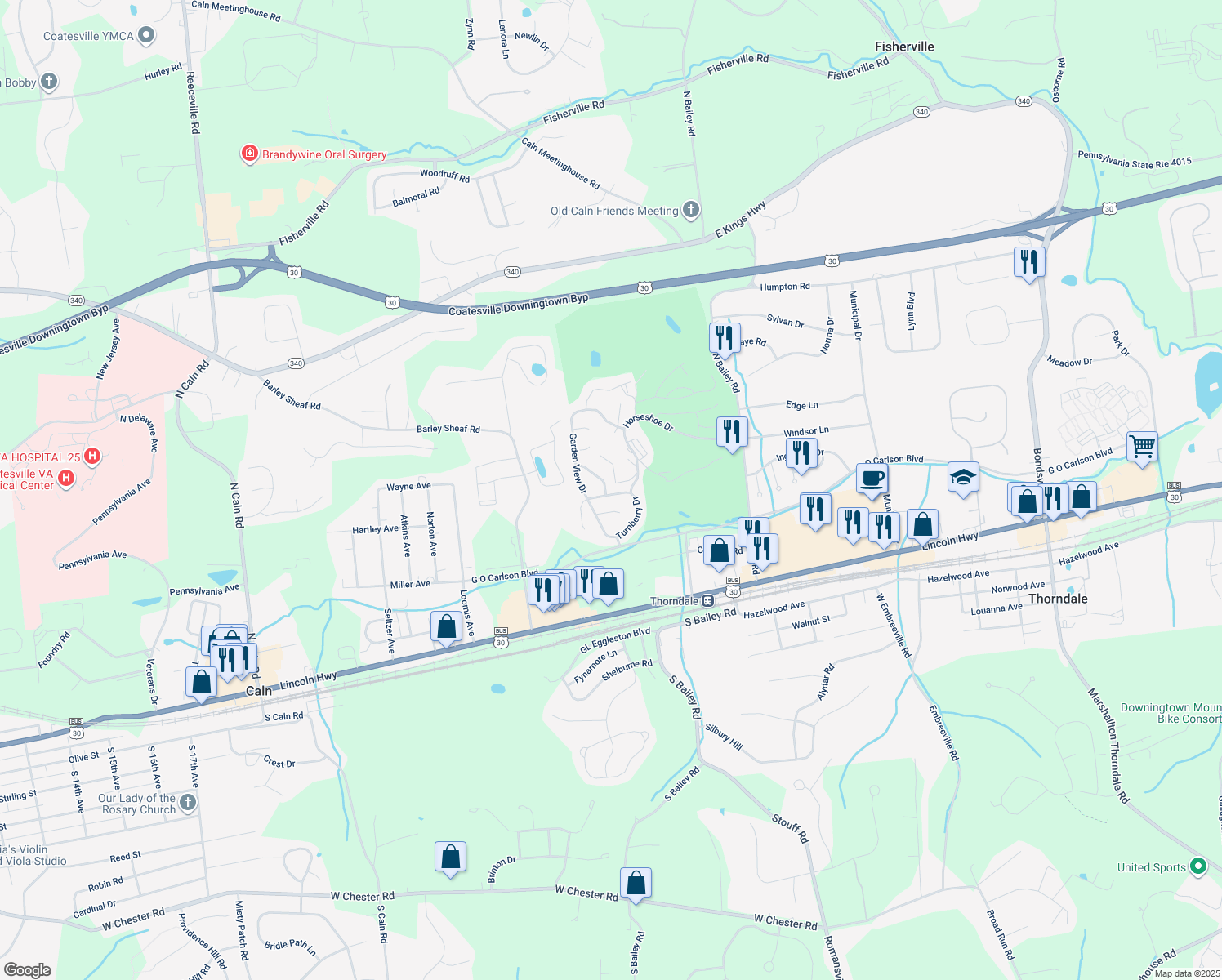 map of restaurants, bars, coffee shops, grocery stores, and more near 217 Turnberry Drive in Thorndale